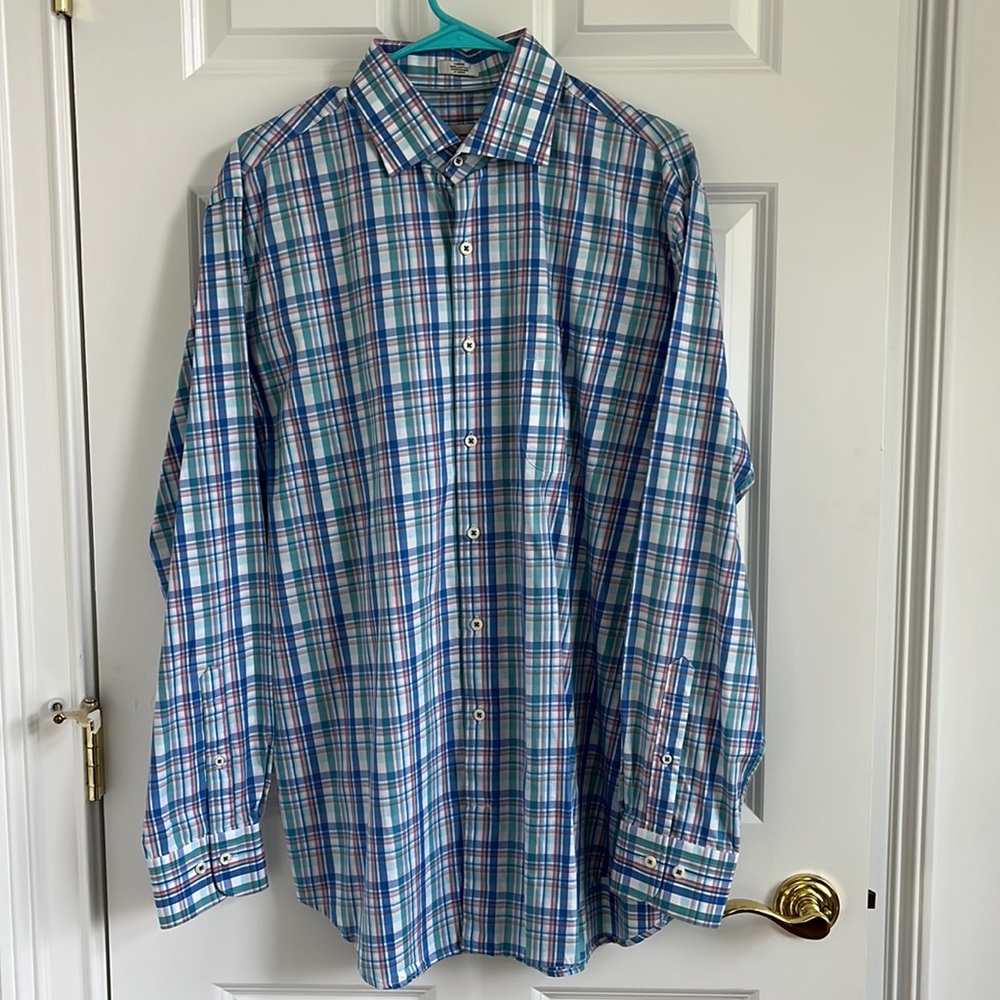 PETER MILLAR Men's Blue Plaid Long Sleeve Button Down Cotton Shirt - L - NWOT